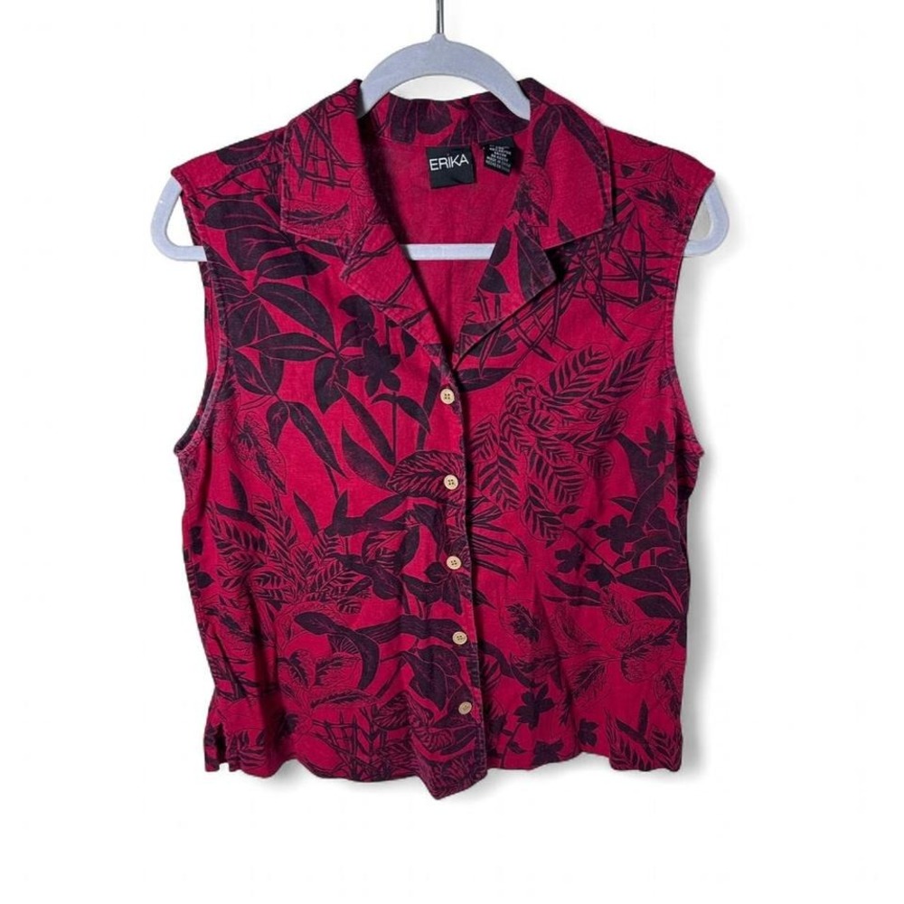Erika red‎ floral button up sleeveless Hawaiian Size M #floral #summer